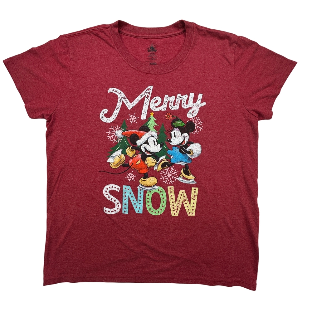 Disney Shirt Womens XL Merry Snow Mickey Minnie Mouse Christmas Holiday Red